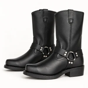 Bottes homme noires avec bride harnais et bout carré élégantes