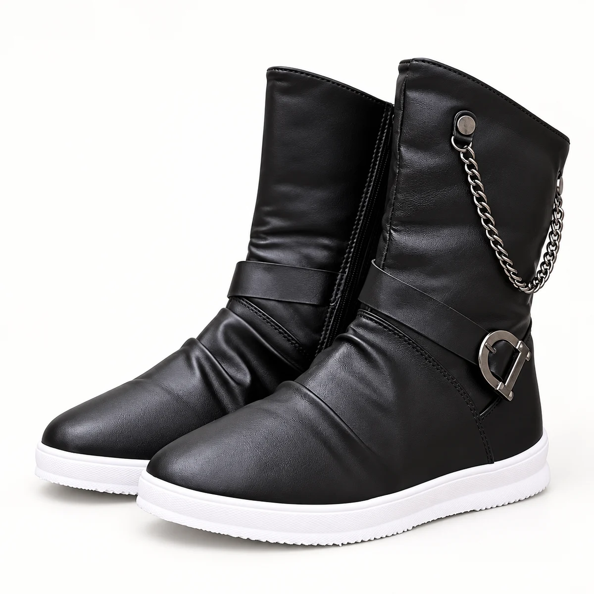 Bottes homme noires à chaîne avec semelle blanche élégant style urbain