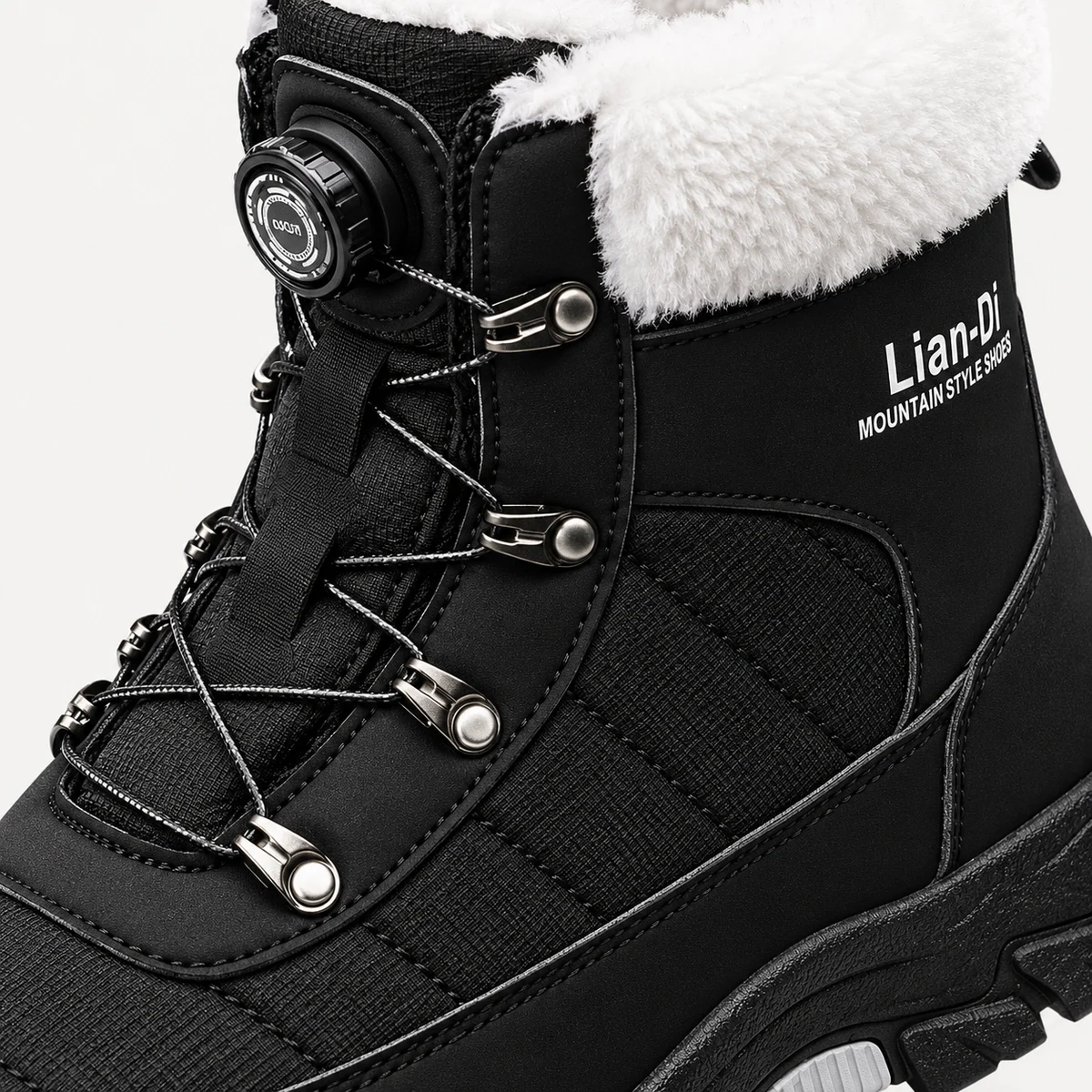 Chaussures d'hiver homme noires avec col en fourrure blanche et lacets