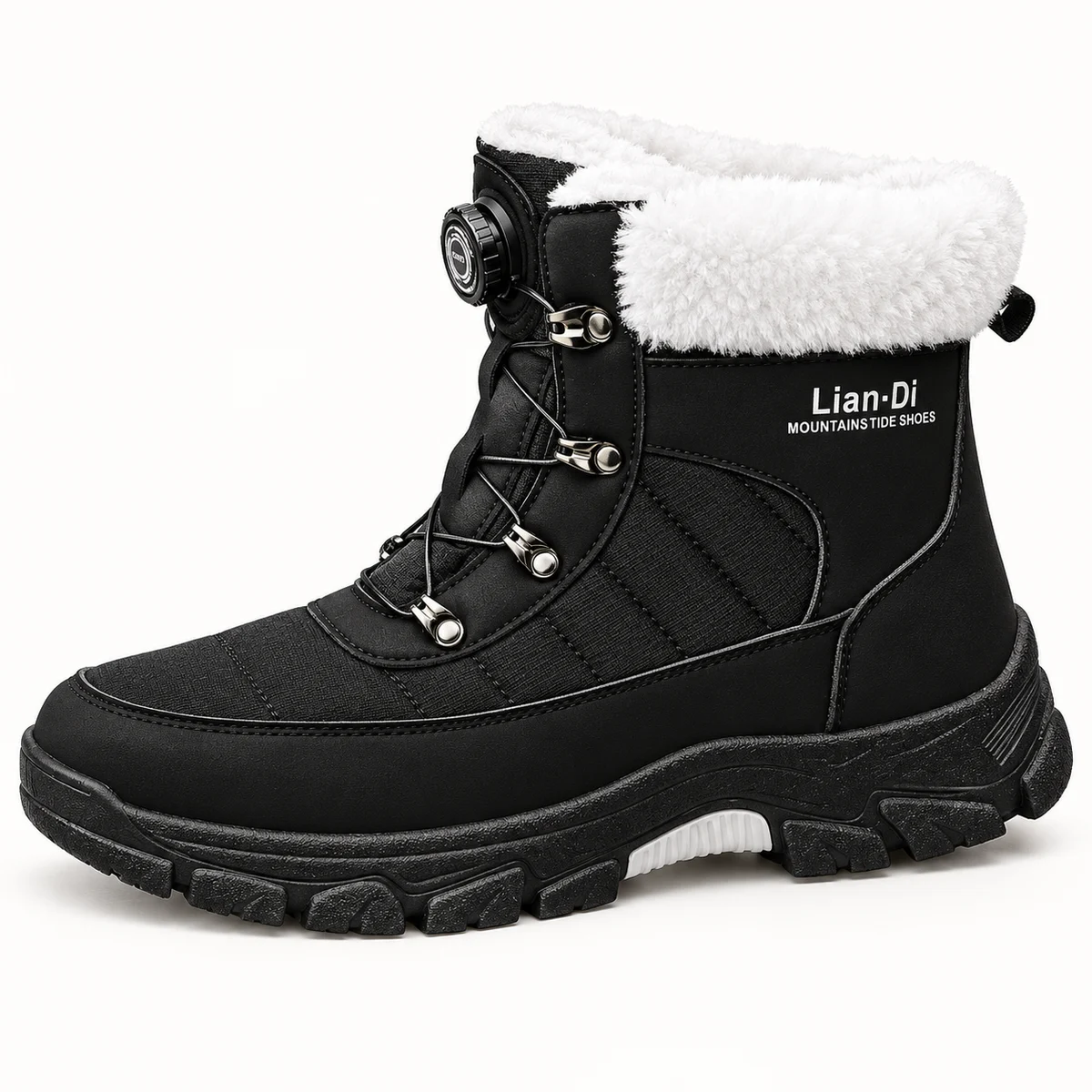 Bottes masculines noires à col en fourrure blanche et laçage robuste