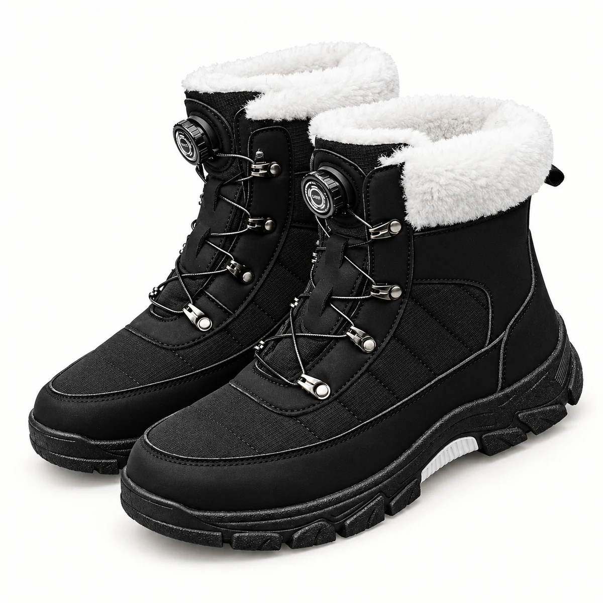 Bottes homme noires à col fourré blanc avec laçage pour style hivernal