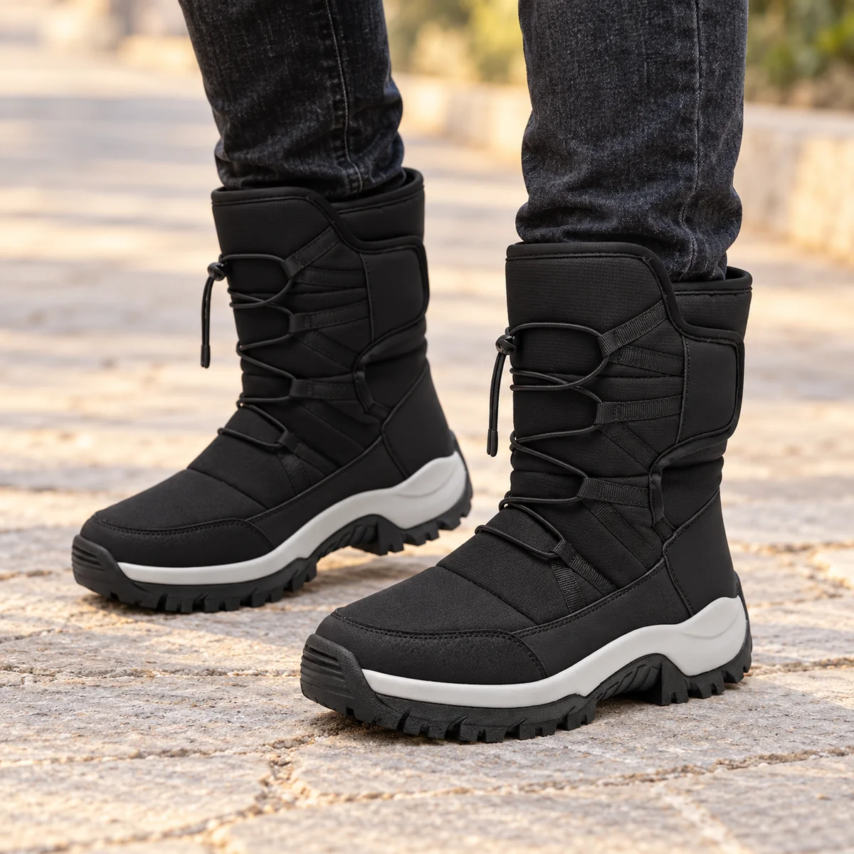 Détail des bottes homme noires fourrées avec cordon de fixation