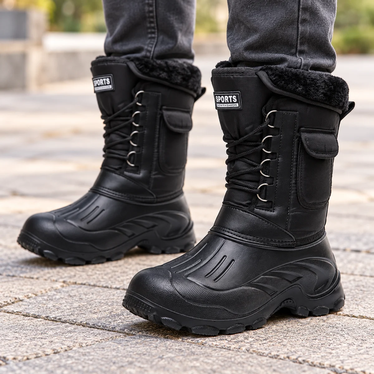 Chaussures homme en cuir noir doublées en peluche avec bride au col