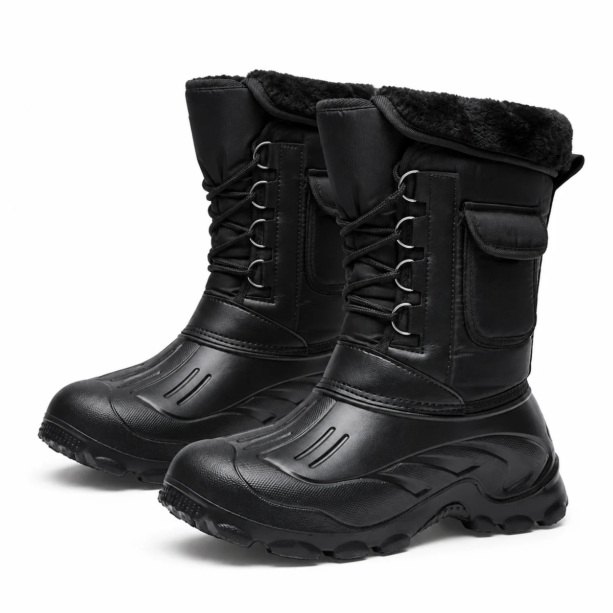 Bottes noires pour homme fourrées avec lacets et bride au col