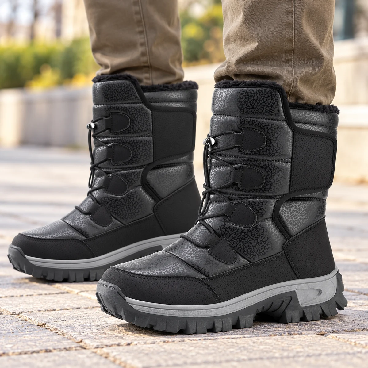 Chaussures homme noires fourrées à scratchs pour confort et chaleur
