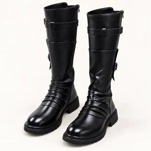 Bottes hautes noires pour homme avec brides élégantes et empiècements en cuir