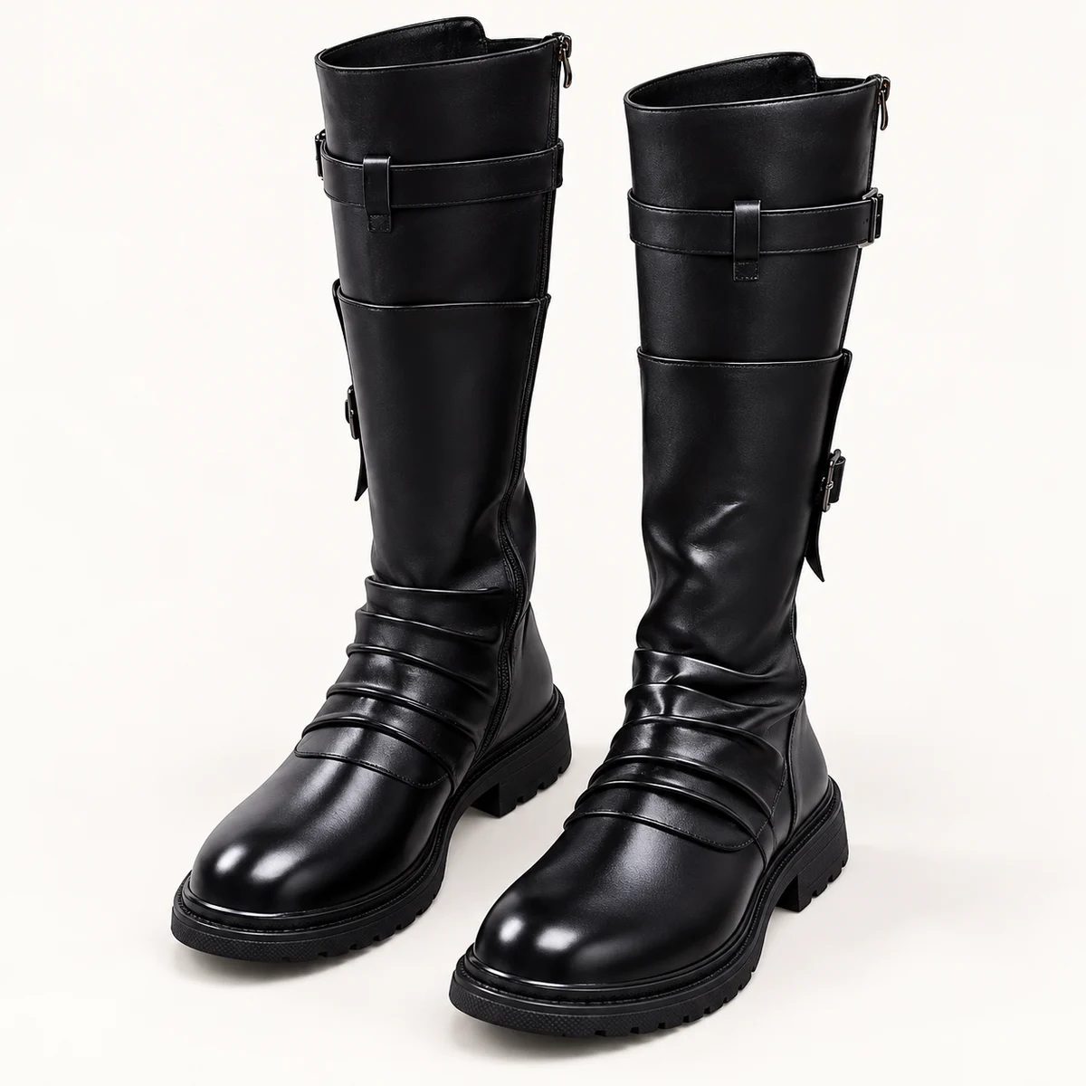 Bottes hautes noires pour homme avec brides élégantes et empiècements en cuir