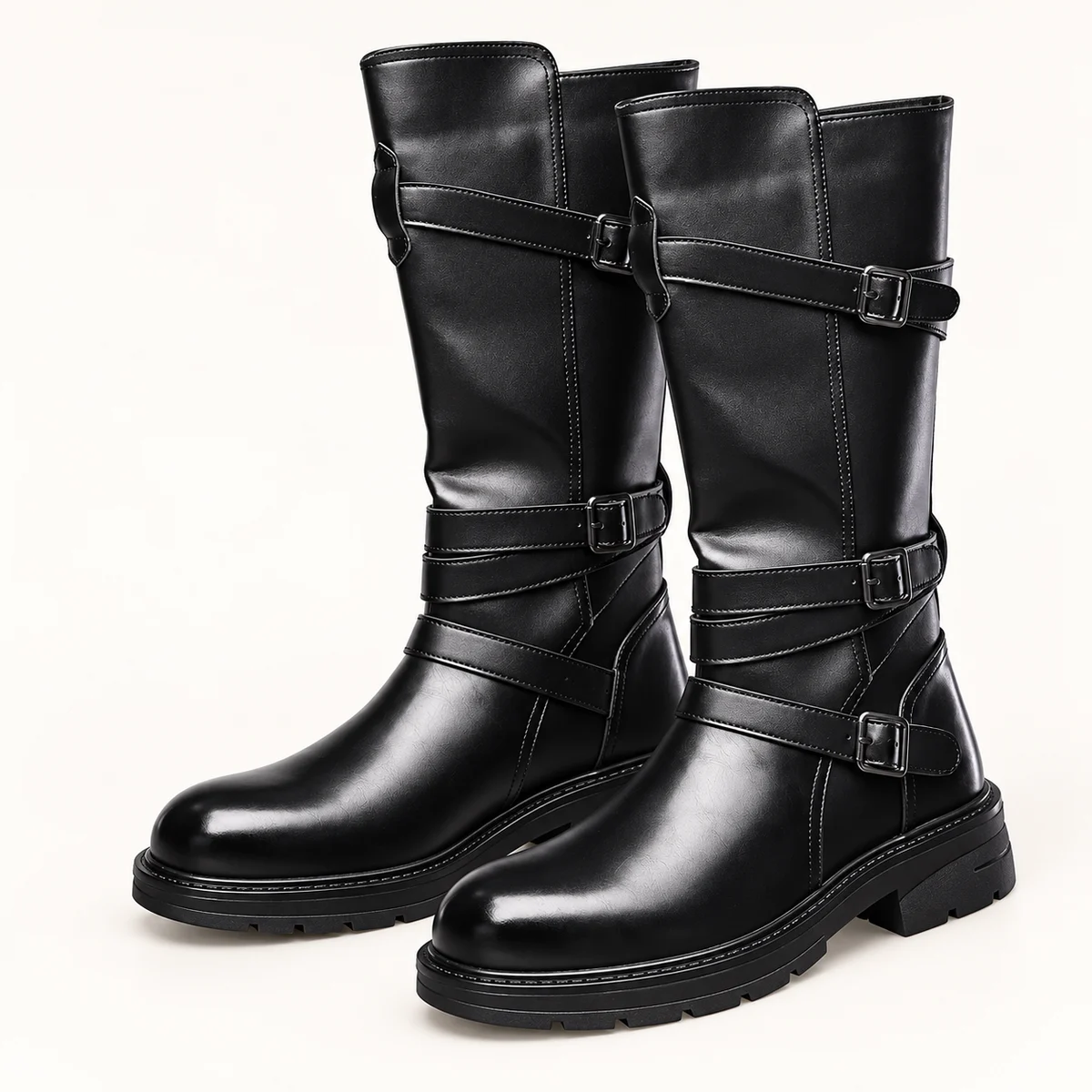 Bottes homme noires hautes à trois brides en cuir élégantes