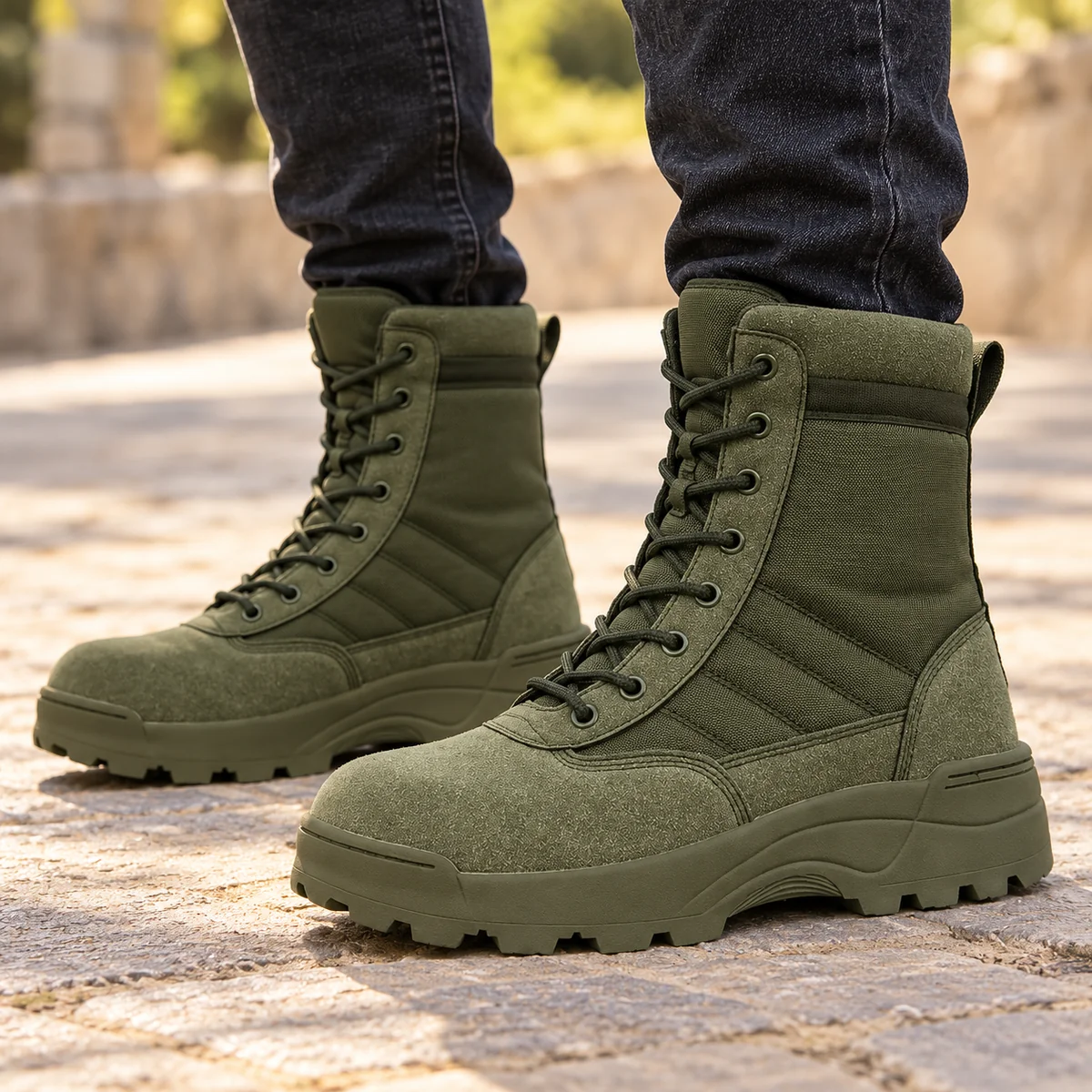 Vue rapprochée de la semelle des bottes vertes militaires pour homme