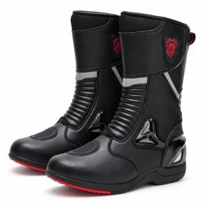 Bottes mixtes noires avec empiècements en cuir et détails rouges élégantes