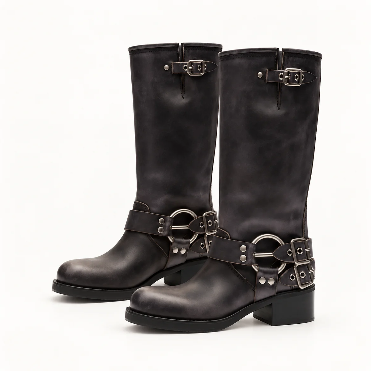 Bottes motardes femme noires à brides et anneau avec semelle robuste