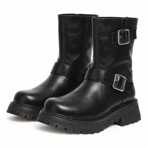 Bottes motardes femme noires à deux brides avec plateforme élégante