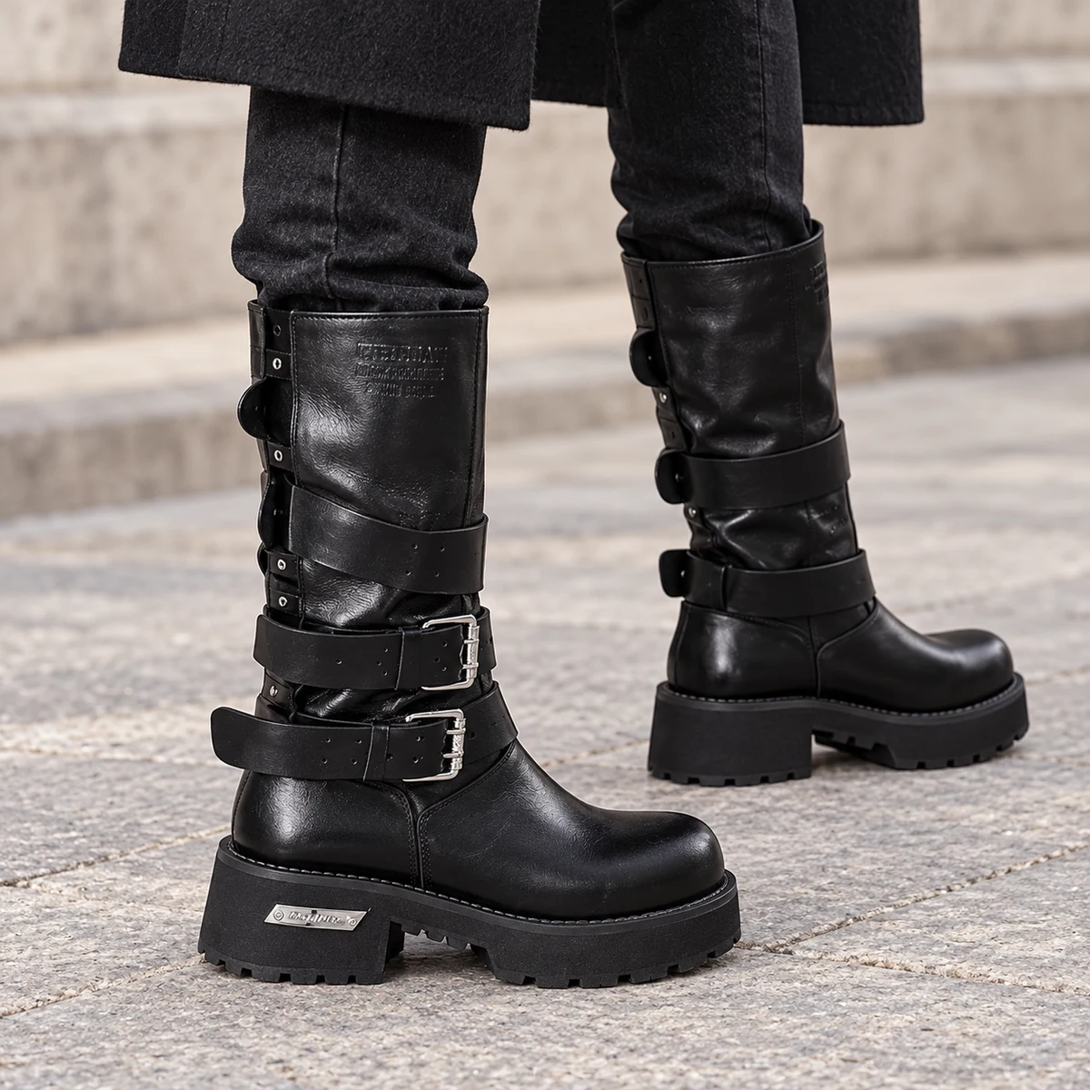Bottes motardes femme noires à sangles et semelle épaisse – Image 2