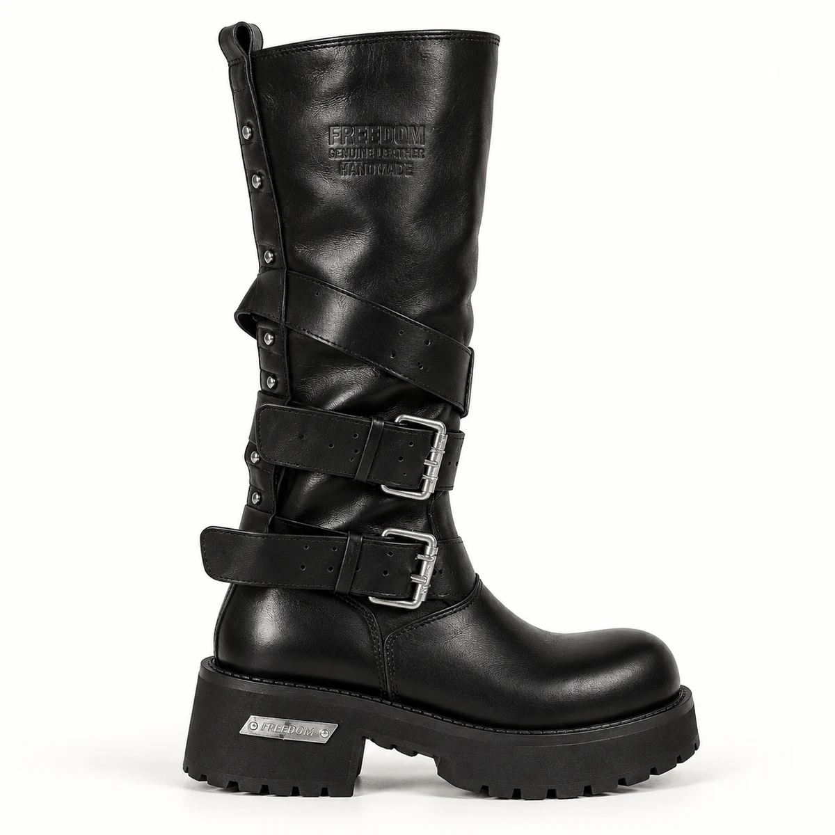 Bottes motardes femme noires à sangles et semelle épaisse – Image 3