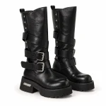Bottes motardes femme noires à sangles et semelle épaisse