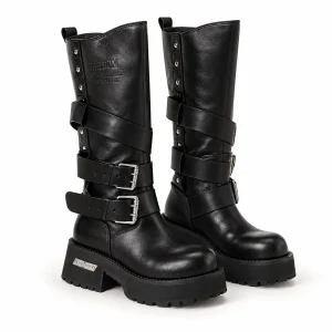 Bottes motardes femme noires à sangles et semelle épaisse