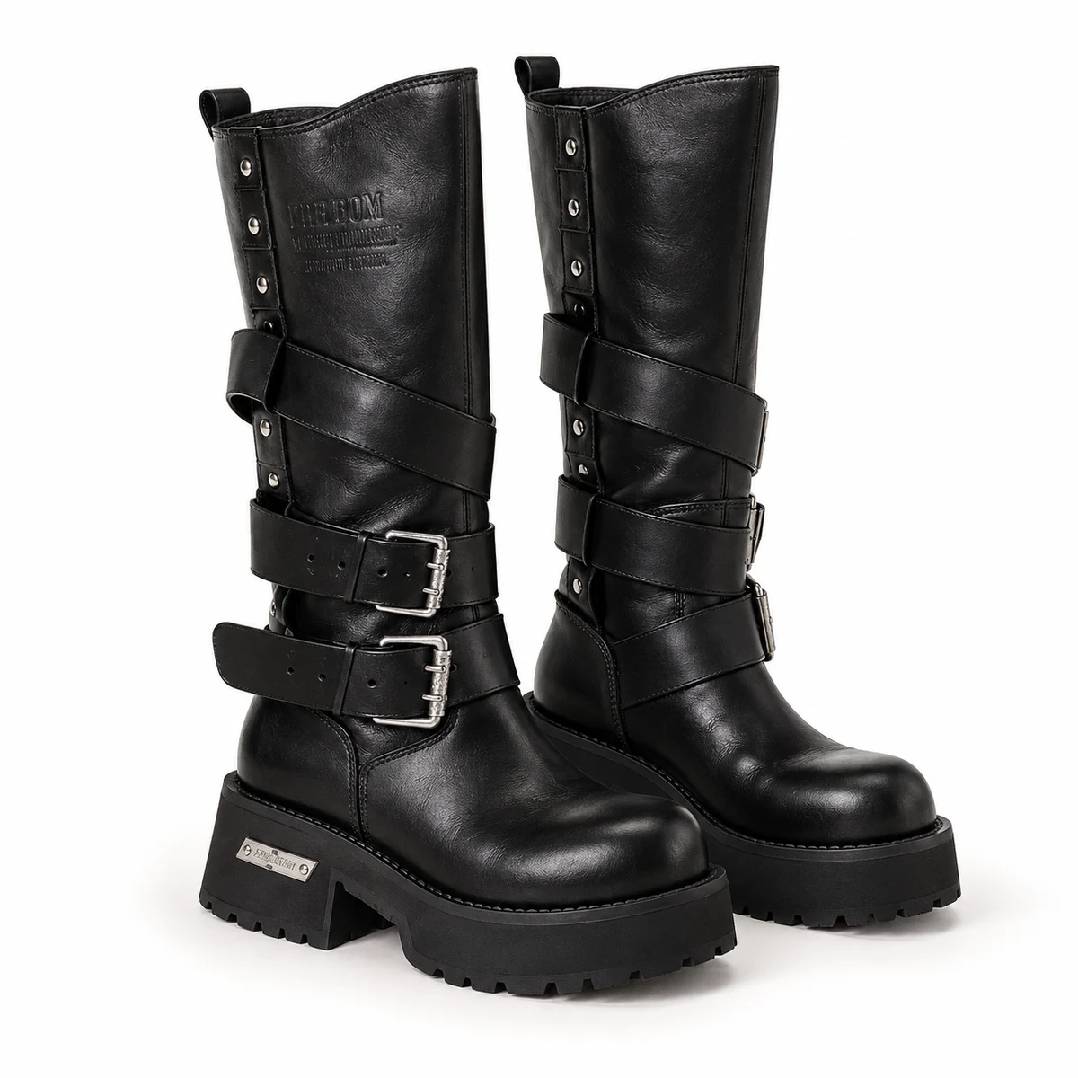 Bottes motardes femme noires à sangles et semelle épaisse