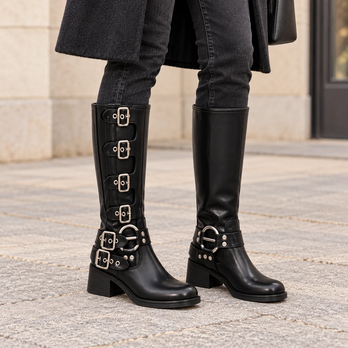 Bottes motardes femme noires à six boucles – Image 2