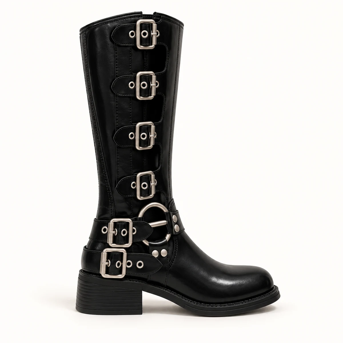 Bottes motardes femme noires à six boucles – Image 3