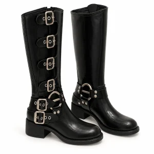 Bottes motardes femme noires à six boucles