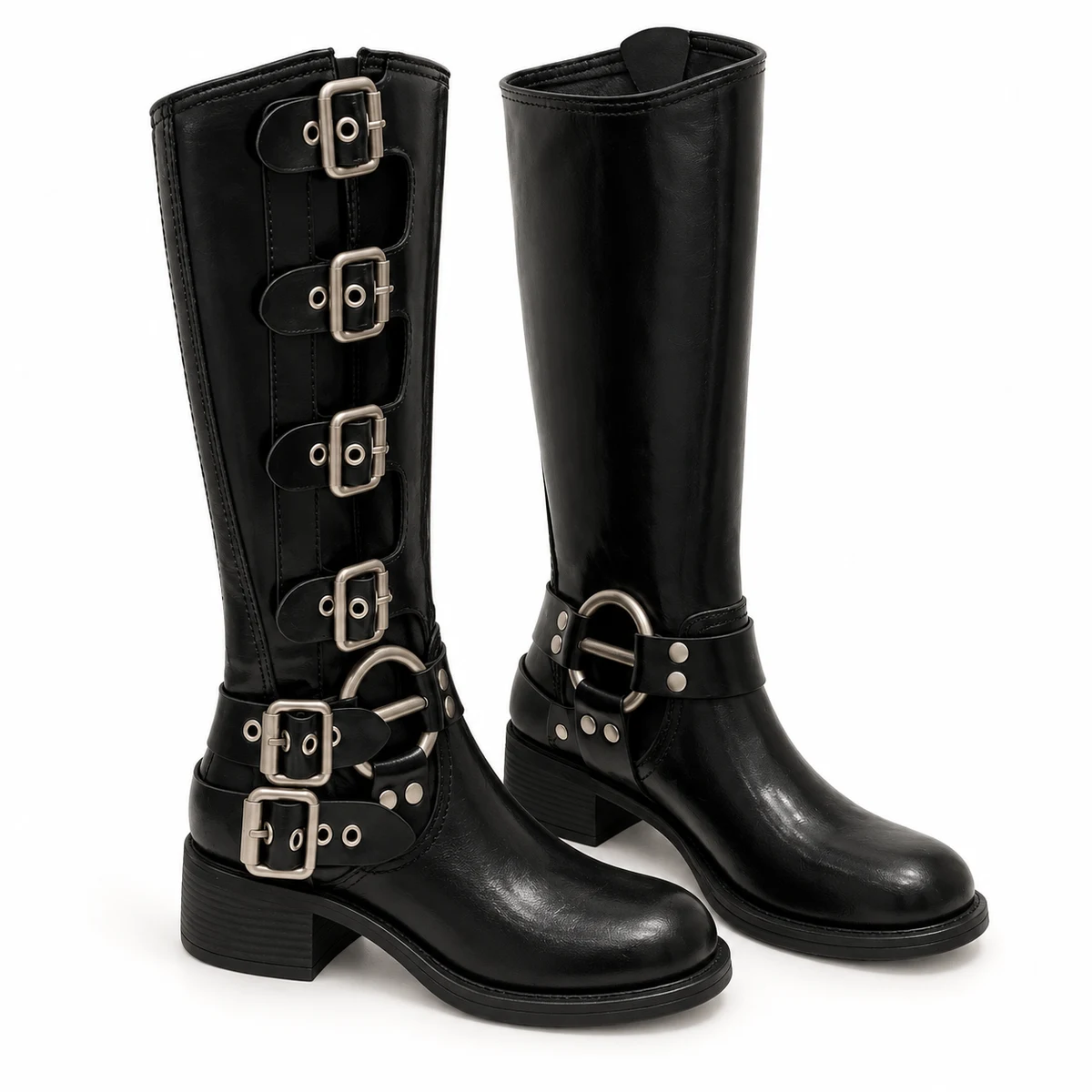 Bottes motardes femme noires à six boucles