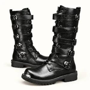 Bottes motardes hommes noires avec brides multiples pour style biker