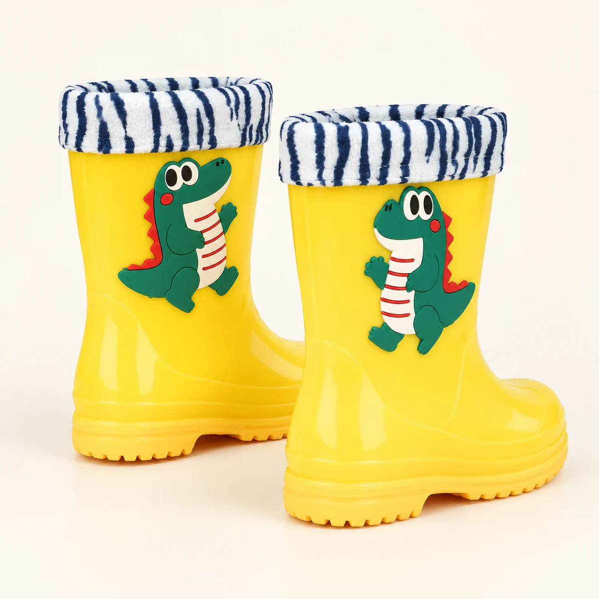 Bottes de pluie enfant jaunes à dinosaure et col rayé – Image 3