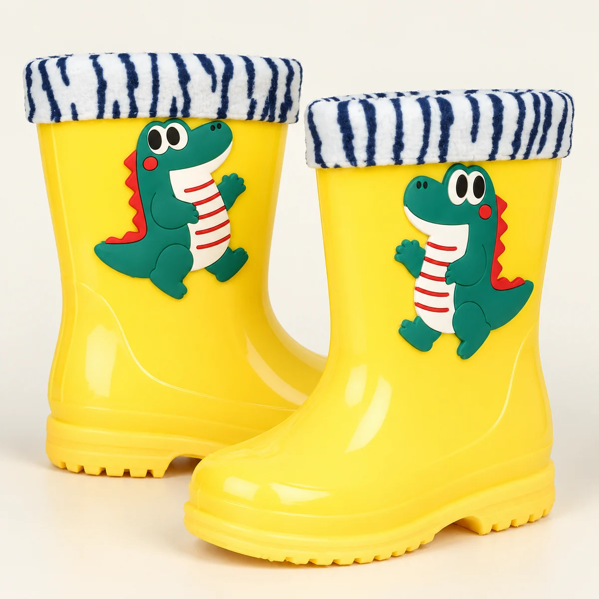 Bottes de pluie enfant jaunes à dinosaure et col rayé – Image 4
