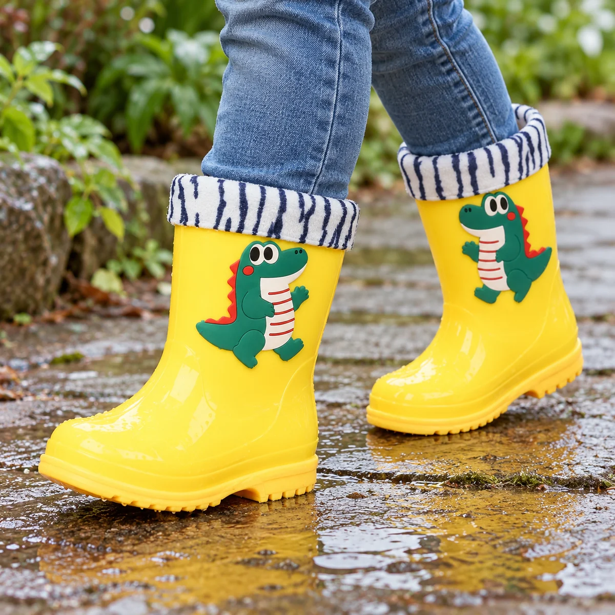 Bottes de pluie enfant jaunes à dinosaure et col rayé – Image 2