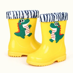 Bottes de pluie enfant jaunes à dinosaure et col rayé