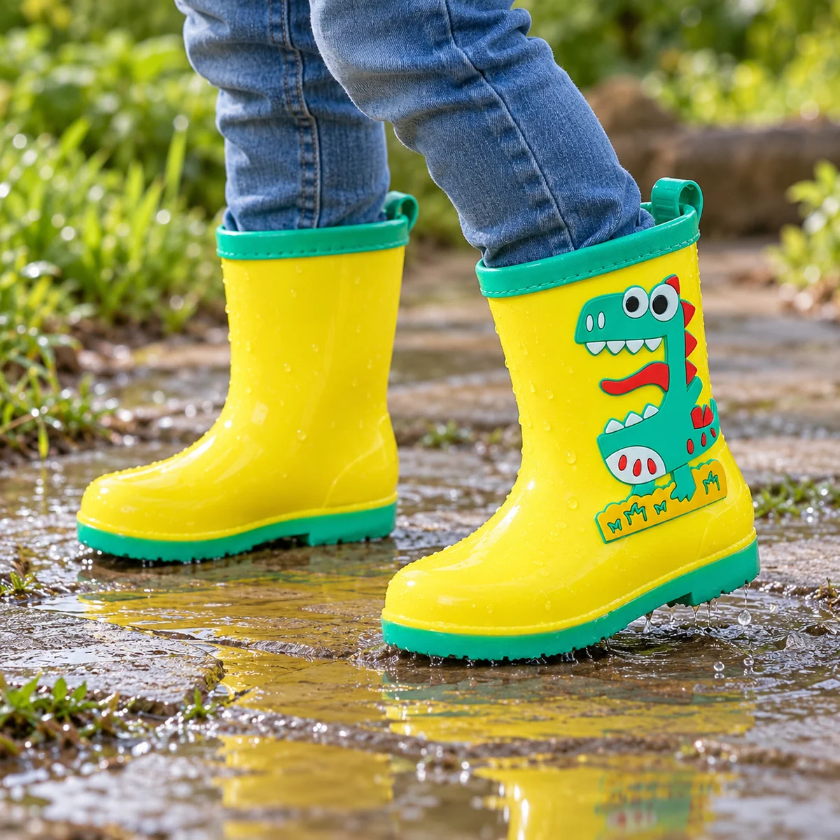 Bottes de pluie enfant jaunes à dinosaure vert – Image 2