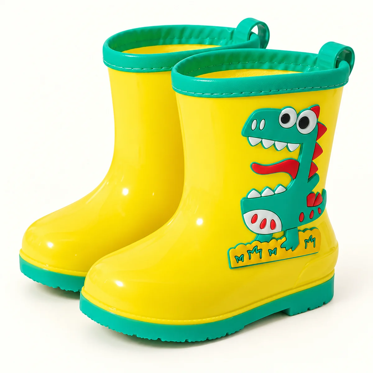 Bottes de pluie enfant jaunes à dinosaure vert