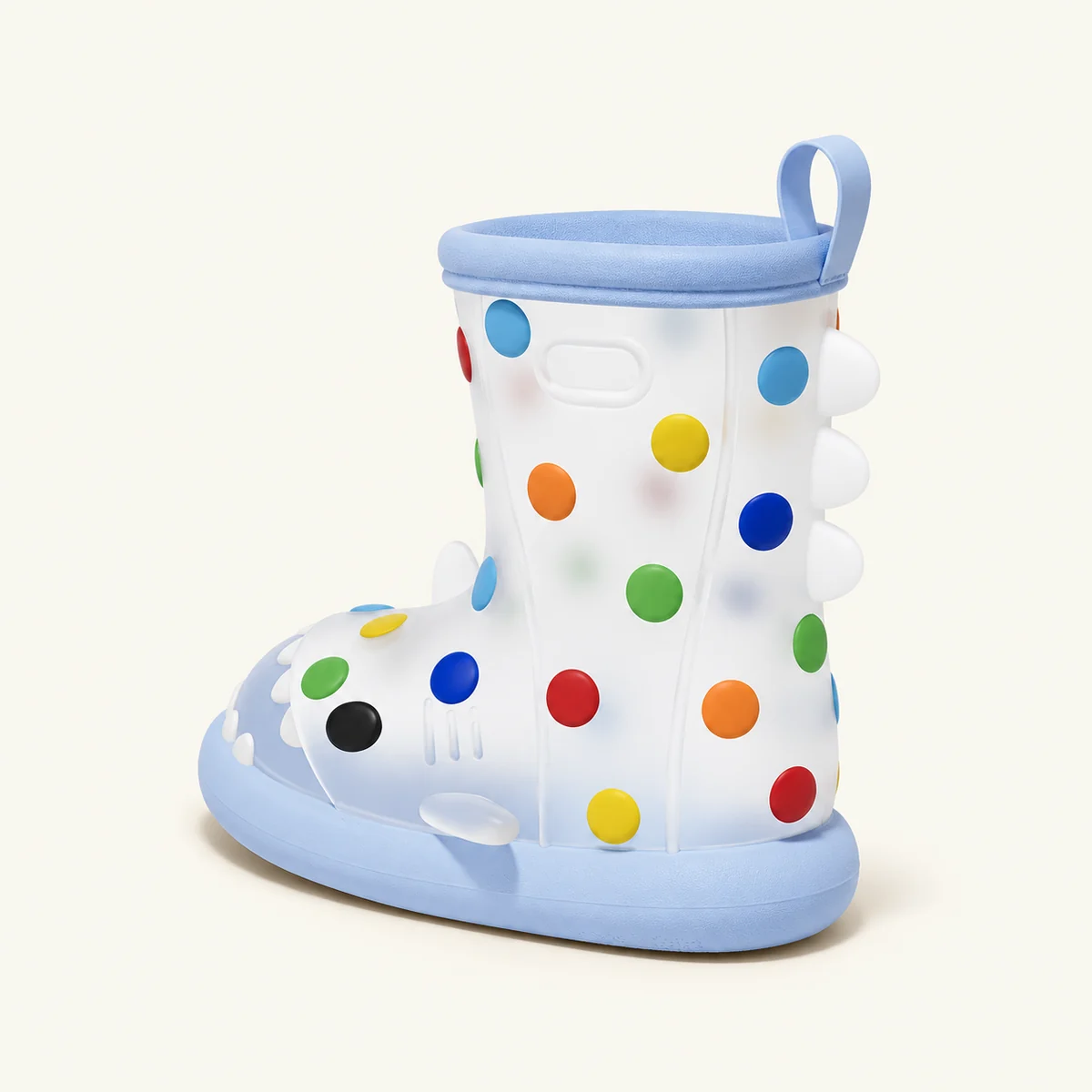 Bottes de pluie enfant à pois multicolores et bord bleu – Image 3