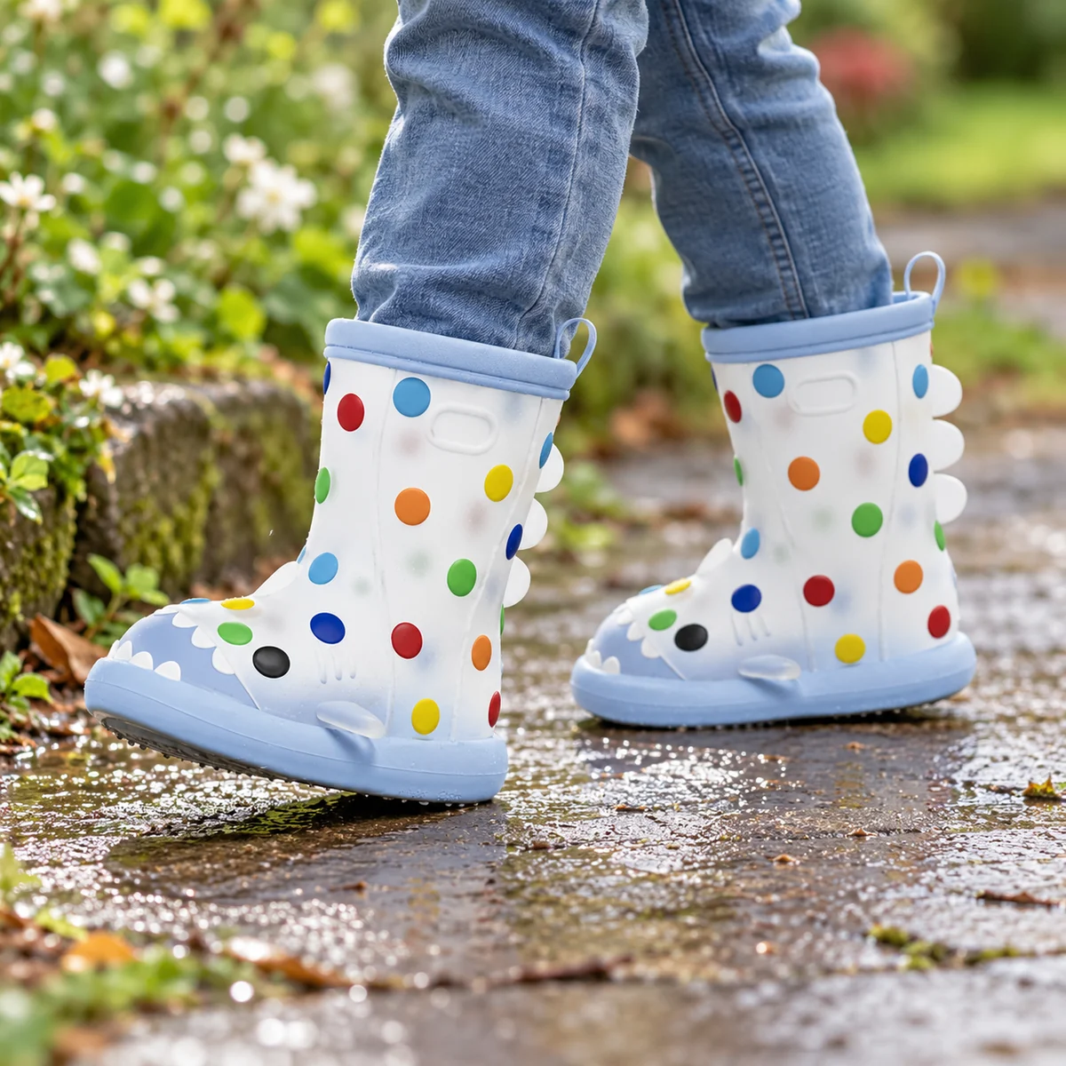 Bottes de pluie enfant à pois multicolores et bord bleu – Image 2