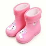 Bottes de pluie enfant roses à motifs et col fourré