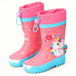 Bottes de pluie enfant roses à licorne et semelle turquoise