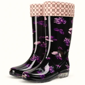 Bottes de pluie femme à fleurs violettes et revers
