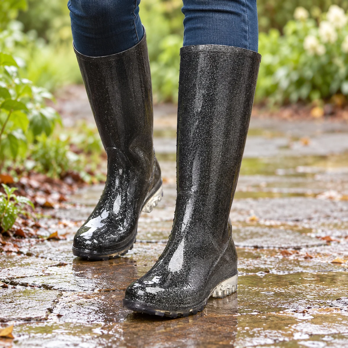 Bottes de pluie femme noires pailletées à petit talon – Image 2