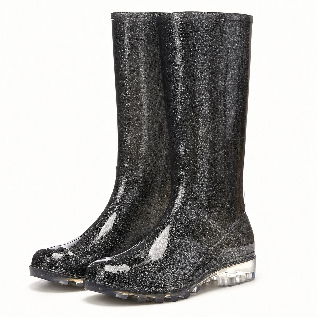 Bottes de pluie femme noires pailletées à petit talon