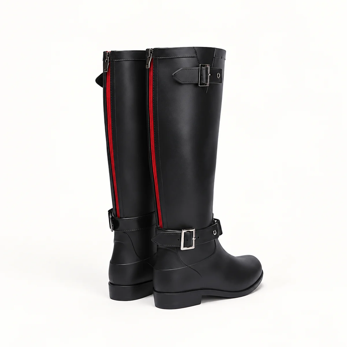 Bottes de pluie femme noires à zip rouge et boucle – Image 3