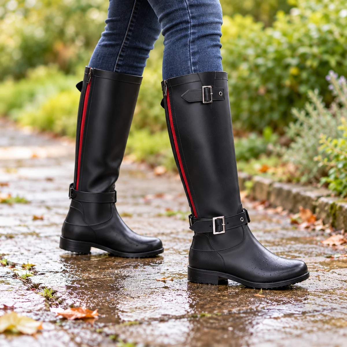 Bottes de pluie femme noires à zip rouge et boucle – Image 2