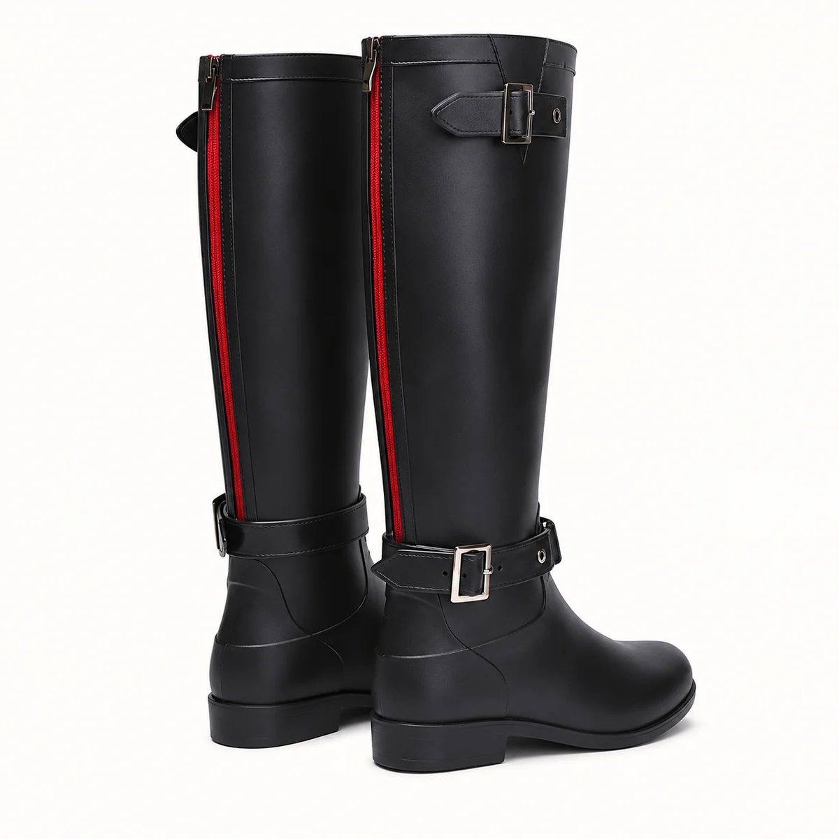 Bottes de pluie femme noires à zip rouge et boucle