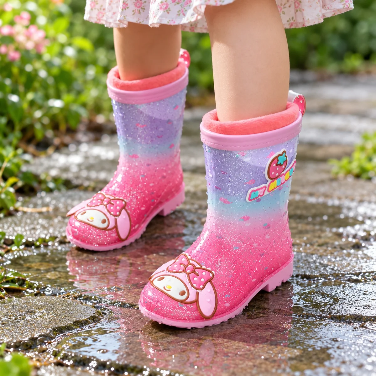 Bottes de pluie fille roses pailletées à petits lapins – Image 2
