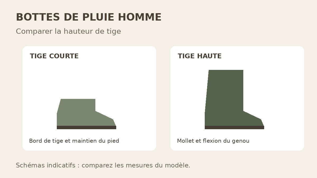 Schéma de deux hauteurs de bottes de pluie : tige courte et tige haute, avec les contrôles de hauteur et de tour de mollet.