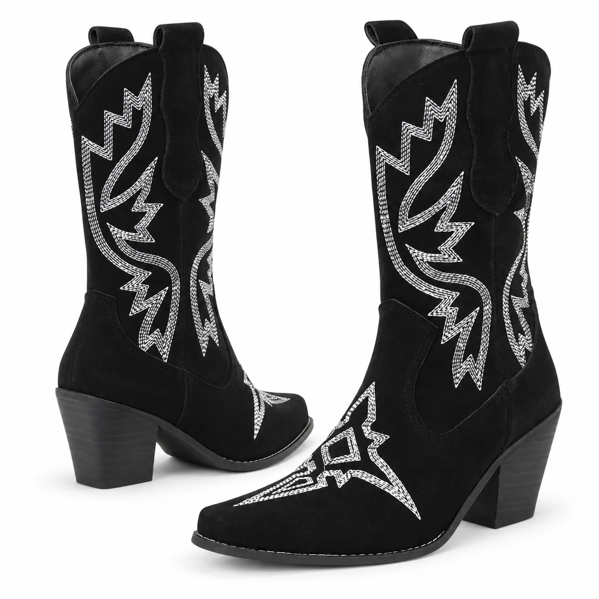 Pair de bottes santiag noires avec motifs argentés modernes pour femme