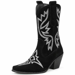 Bottes santiag noires féminines à motifs argentés élégantes