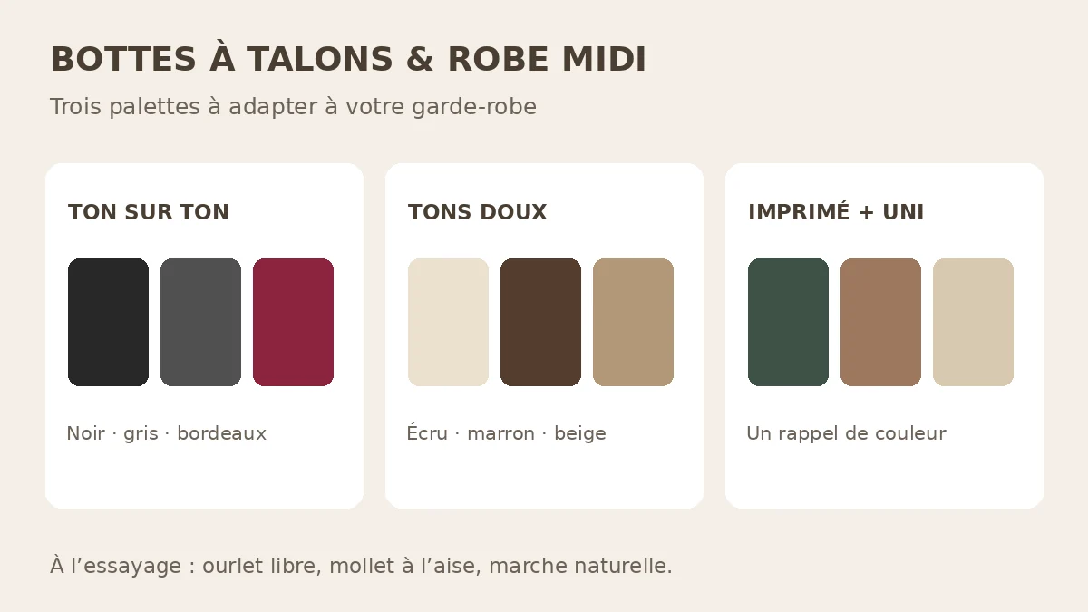 Trois palettes de tenues avec bottes à talons et robe midi : noir et gris, écru et marron, imprimé et accessoires unis.