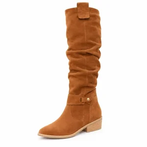bottes western femme a petit talon marron tige haute vue de trois quarts sur fond blanc 45120