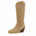 Bottes western femmes beiges avec coutures décoratives en style cowboy
