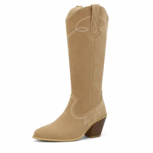 Bottes western femmes beiges avec coutures décoratives en style cowboy